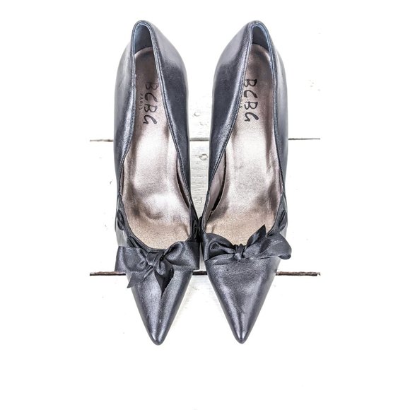 BCBG Generation black leather satin bow pointy high heel stiletto pumps 7B - Picture 3 of 8